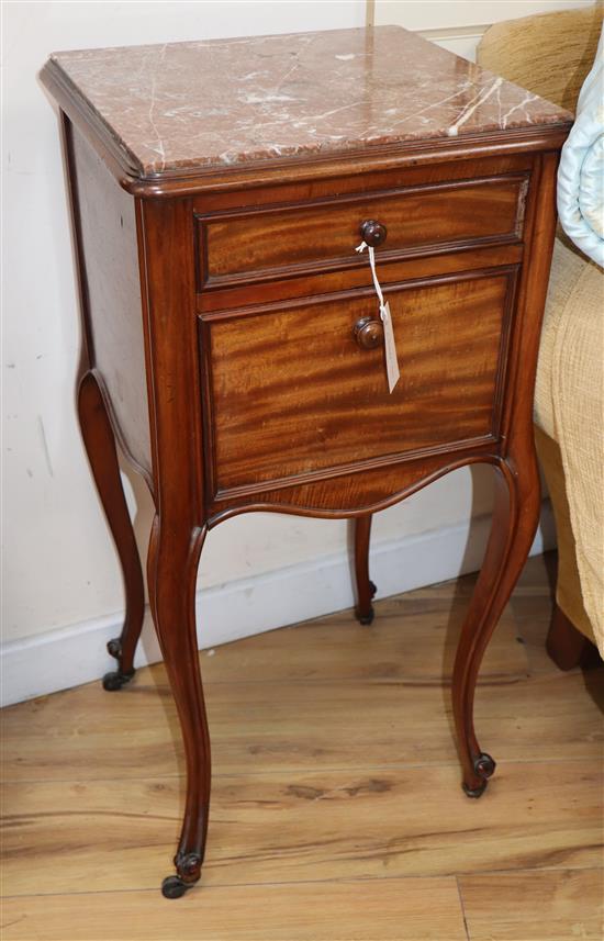 A French mahogany and marble bedside cupboard W.40cm